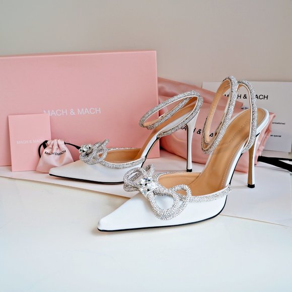 NEW Mach & Mach Double Bow Embellished White Satin Heels Size 41 (US 10) - Picture 1 of 13